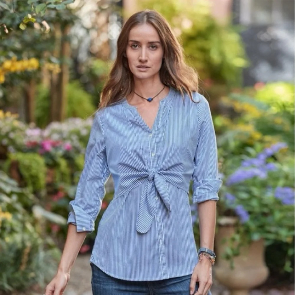 Sundance Striped Tie Front Button Down Shirt Stateside Blue White Cotton Size S